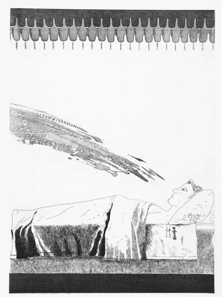 David Hockney, "L'eau froide est sur le point de frapper le prince," 1969 (de "Le garçon qui a quitté la maison pour apprendre la peur")
