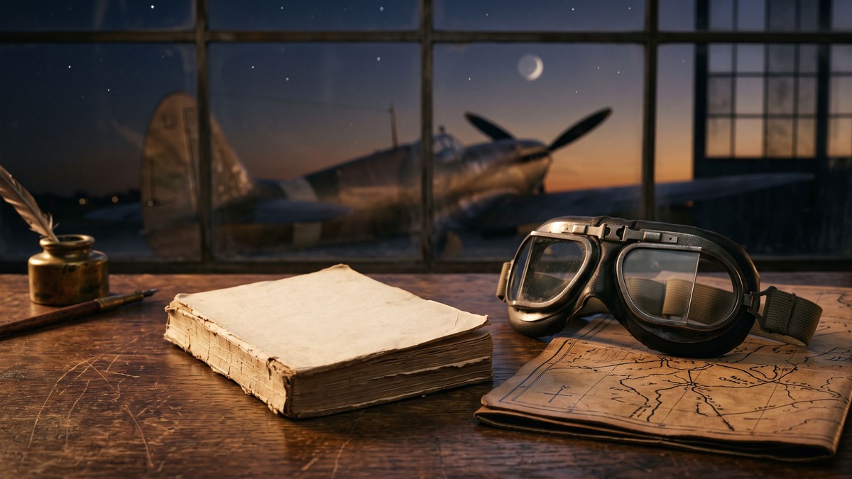 Carnet manuscrit, lunettes d'aviateur et avion ancien évoquant l'univers de Saint-Exupéry et du Petit Prince
